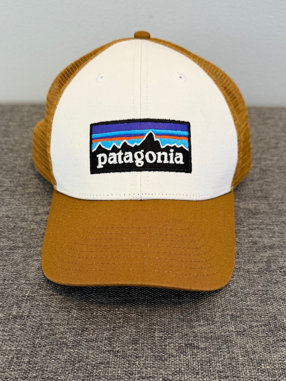 Patagonia Tan White P-6 Logo LoPro Trucker Hat Mesh Back Adjustable Embroidered